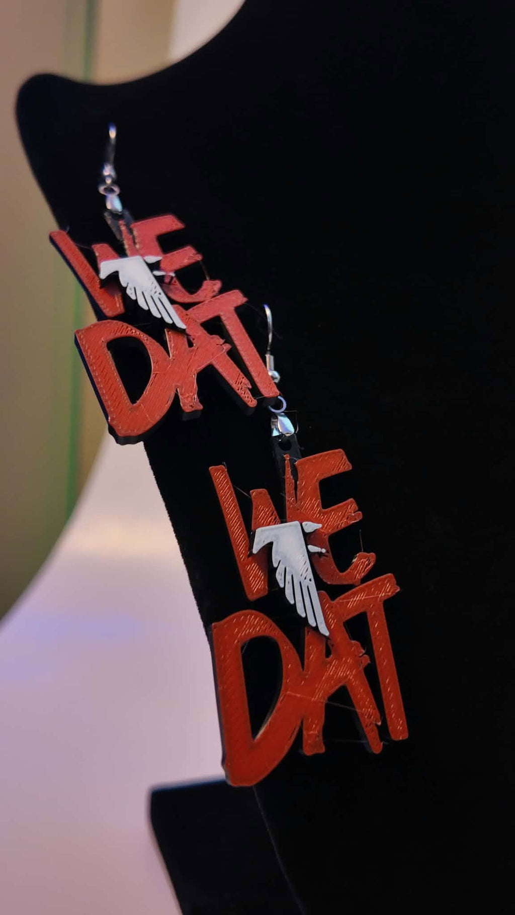 We Dat Atlanta Falcons 3D printed earrings, angled view